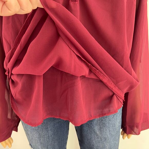 Shein (L) Burgundy Red Sheer Button Back RollTab Long Sleeve Blouse Top - Picture 8 of 10